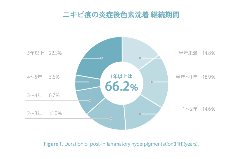 ニキビ痕の炎症後色素沈着継続期間　半年未満　14.8%　半年～1年　18.9％　1～2年　14.6％　2～3年　15.0％　3～4年　8.7％　4～5年　5.6％　5年以上　22.3％