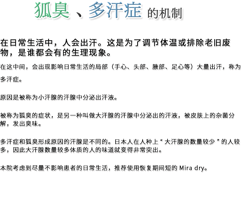 在日常生活中，人会出汗。这是为了调节体温或排除老旧废物，是谁都会有的生理现象。在这中间，会出现影响日常生活的局部（手心、头部、腋部、足心等）大量出汗，称为多汗症。原因是被称为小汗腺的汗腺中分泌出汗液。被称为狐臭的症状，是另一种叫做大汗腺的汗腺中分泌出的汗液，被皮肤上的杂菌分解，发出臭味。多汗症和狐臭形成原因的汗腺是不同的。日本人在人种上“大汗腺的数量较少”的人较多，因此大汗腺数量较多体质的人的味道就变得非常突出。本院考虑到尽量不影响患者的日常生活，推荐使用恢复期间短的Mira dry。